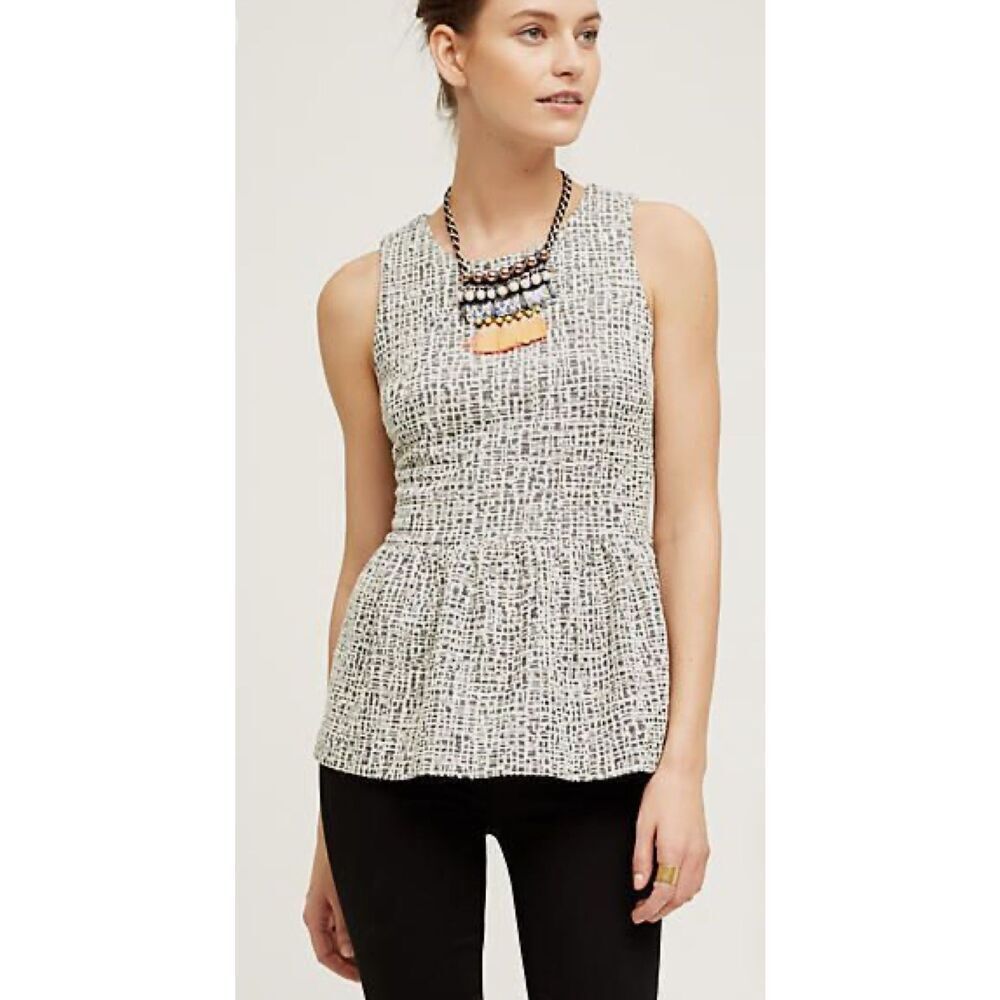 Anthropologie Amadi Womens Tweed‎ Sleeveless Peplum Blouse Black White Small NWT